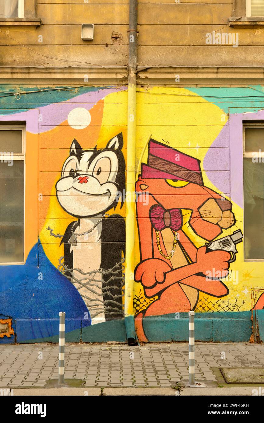 mural, graffiti, street art, Pink Panther, Felix the Cat, cartoon characters, graffiti wall, Sofia Graffiti Tour, Sofia Bulgaria, Eastern Europe, Balk Stock Photo