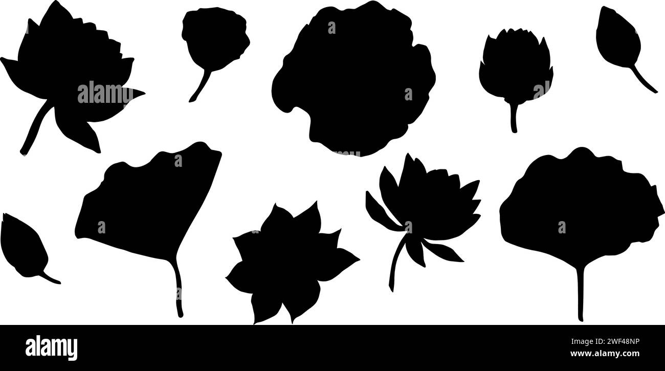 lotus flowers, leaves and buds black silhouette. Set of vector illustration. Hand drawn floral art for for logo, tattoo, packaging design Stock Vector