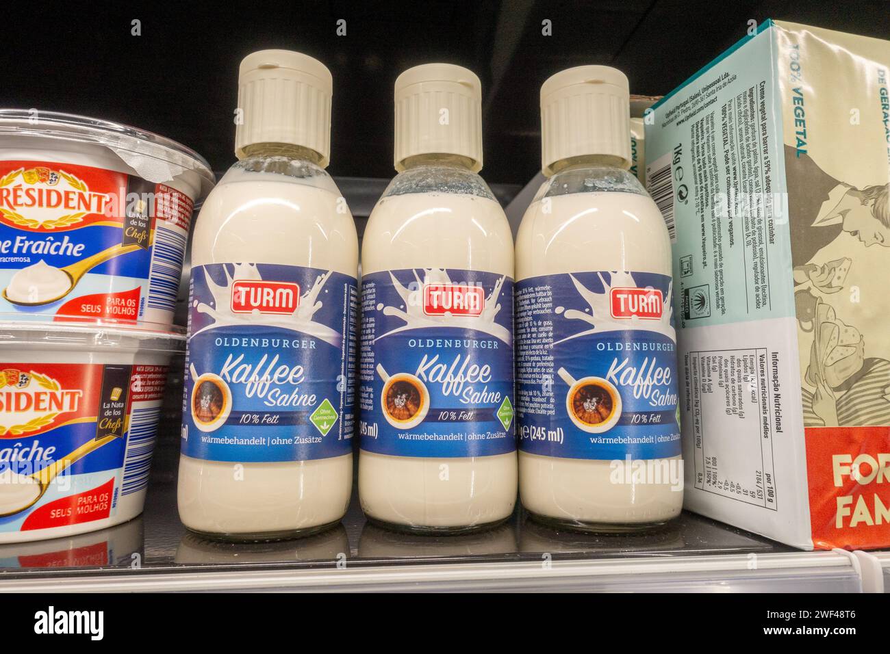 Austrian Kaffee Sahne (Kaffeeshane), Is A  Coffee Creamer Sold In Bottles On A Supermarket Fridge Shelf In Portugal, January 27, 2024 Stock Photo