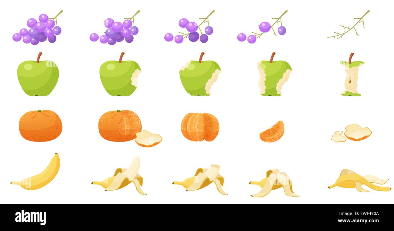 Animated steps of eating banana with peel from whole to disappear, red