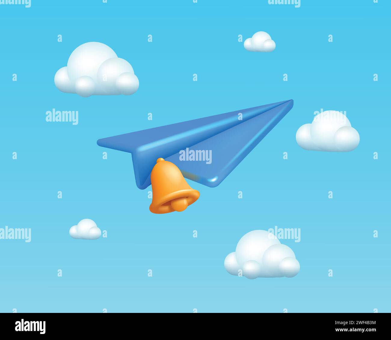 3D plane. Airplane telegram flying in clouds. Paper aviation in sky. Air transport. Notification bell. Origami aircraft flight. Business or travel news art banner. Mail render icon. Vector background Stock Vector