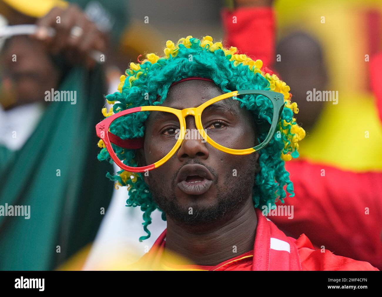 Abidjan, Ivory Coast. January 28 2024: Guinea fans during a African Cup of Nations Round of 16 game, Equatorial Guinea vs Guinea, at Stade Olympique Alassane Ouattara, Abidjan, Ivory Coast. Kim Price/CSM Credit: Cal Sport Media/Alamy Live News Stock Photo