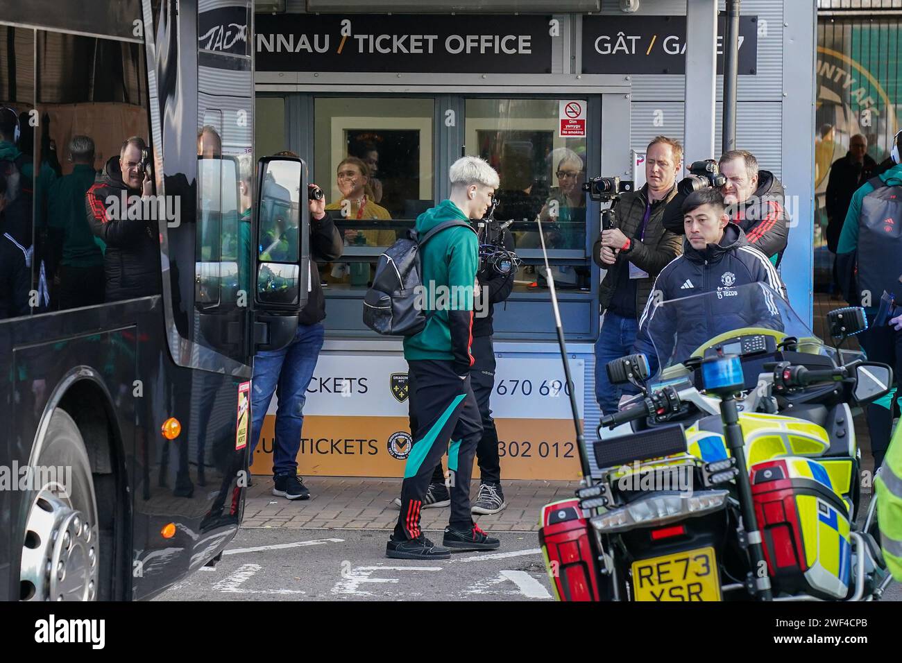 Newport, UK. 28th Jan, 2024. Manchester United forward Alejandro Garnacho (17) arrives to waiting media teams during the Newport County AFC v Manchester United FC Emirates FA Cup 4th Round match at Rodney Parade, Newport, Wales, United Kingdom on 28 January 2024 Credit: Every Second Media/Alamy Live News Stock Photo