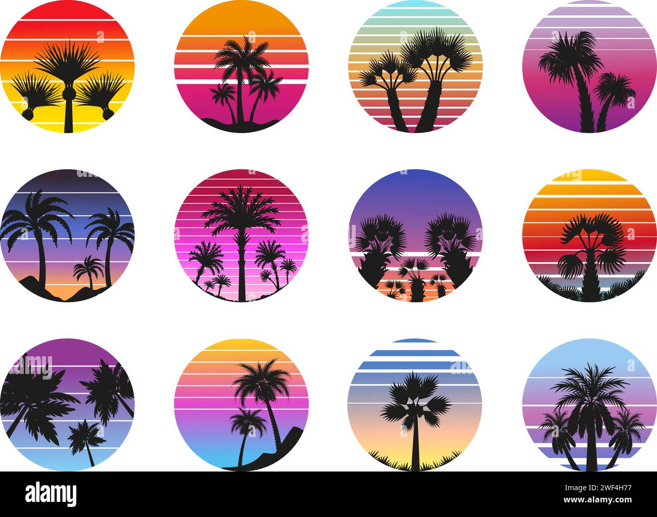 Retro palm tree sunrise. Exotic abstract landscape, vintage style summer beach badges. Decorative palms silhouettes, neoteric vector set Stock Vector