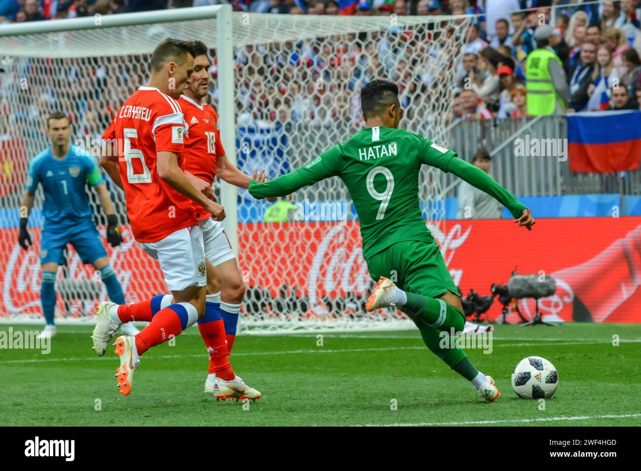 Moscow, Russia – June 14, 2018. Saudi Arabia national football team winger Hattan Bahebri in action during opening match of FIFA World Cup 2018 Russia Stock Photo