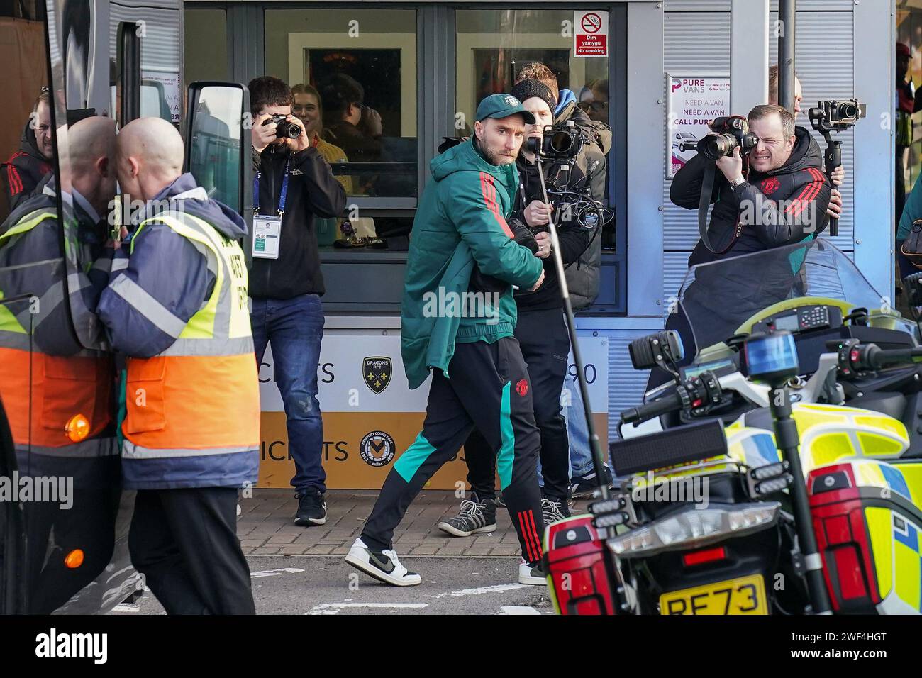 Newport, UK. 28th Jan, 2024. Manchester United midfielder Christian Eriksen (14) arrives to waiting media teams during the Newport County AFC v Manchester United FC Emirates FA Cup 4th Round match at Rodney Parade, Newport, Wales, United Kingdom on 28 January 2024 Credit: Every Second Media/Alamy Live News Stock Photo