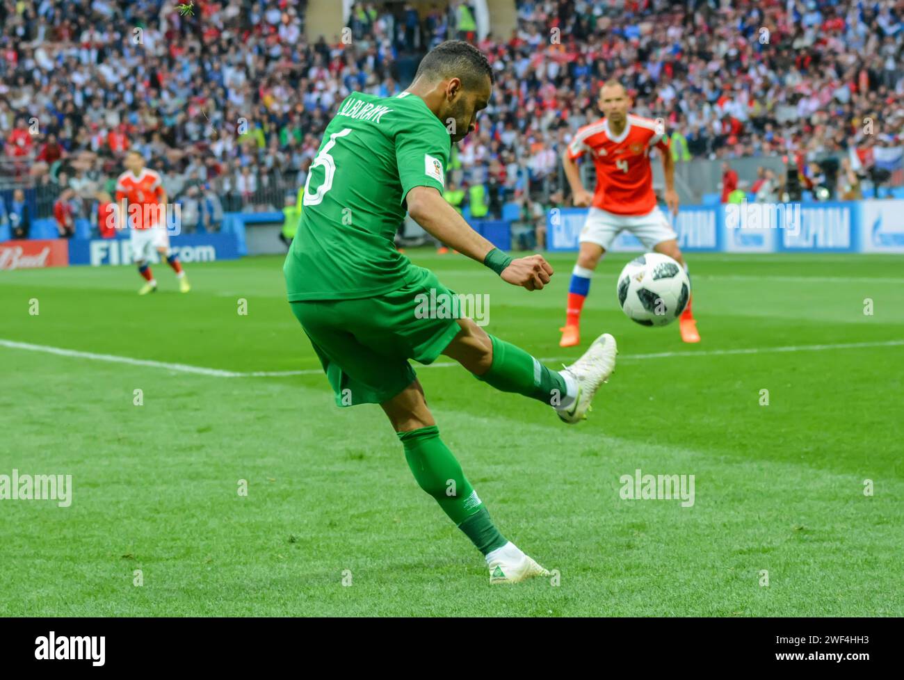 Moscow, Russia – June 14, 2018. Saudi Arabia national football team defender Mohammed Alburayk in action during opening match of FIFA World Cup 2018 R Stock Photo