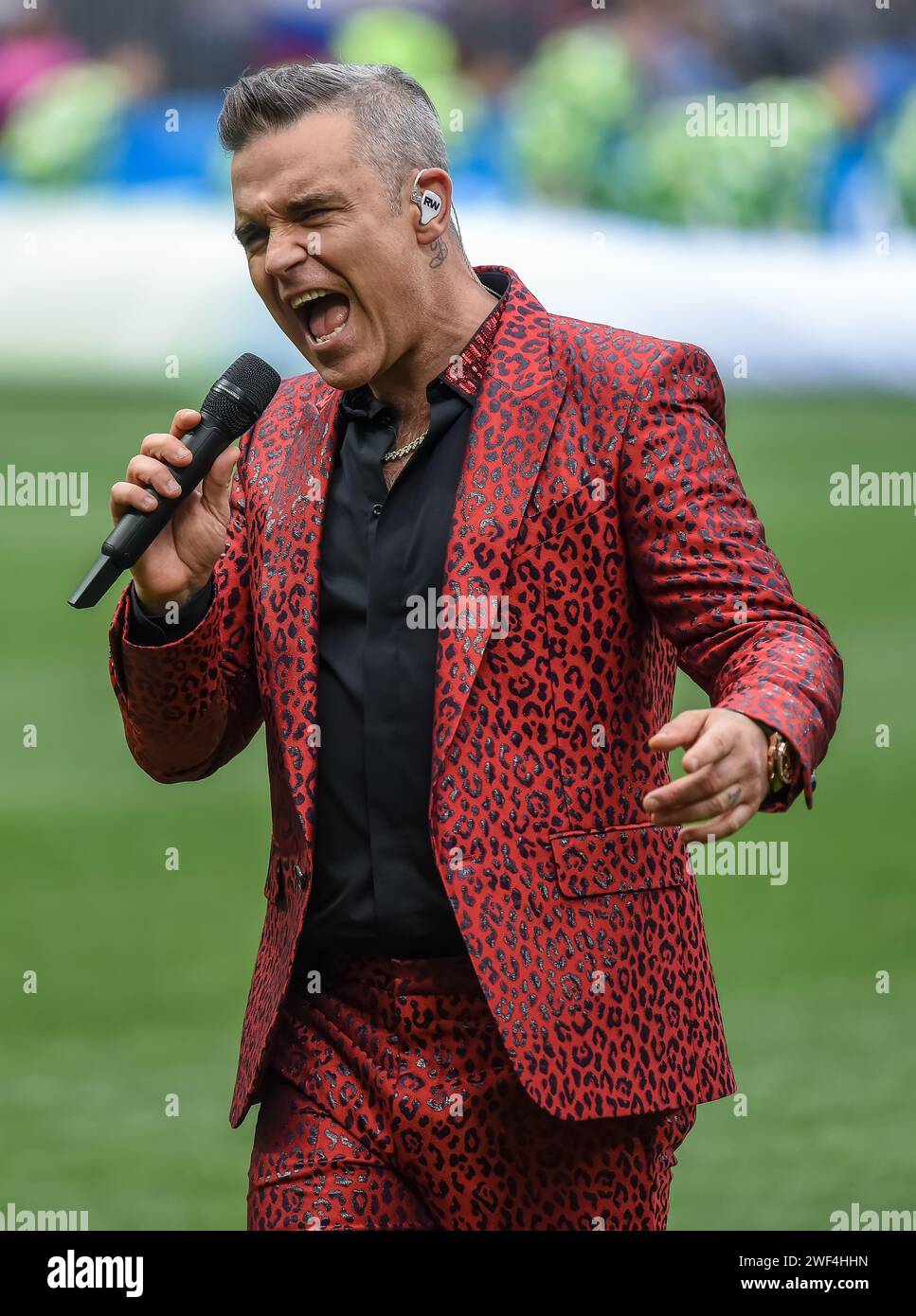 Moscow, Russia – June 14, 2018. British singer Robbie Williams performing at the opening ceremony of FIFA World Cup 2018 in Russia. Stock Photo