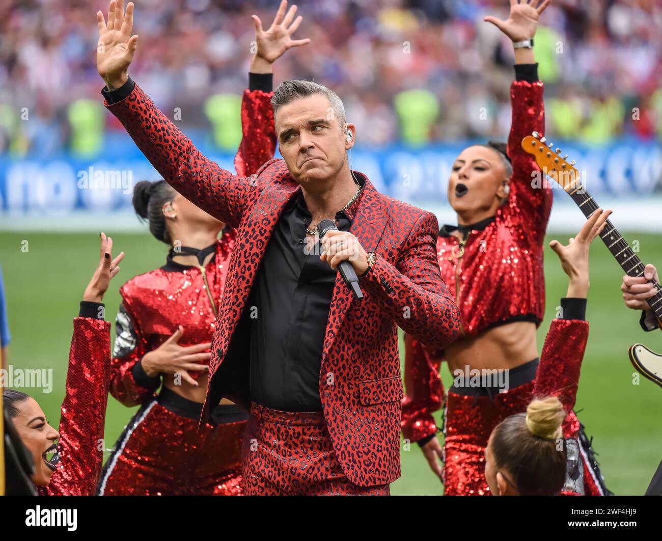 Moscow, Russia – June 14, 2018. British singer Robbie Williams performing at the opening ceremony of FIFA World Cup 2018 in Russia. Stock Photo