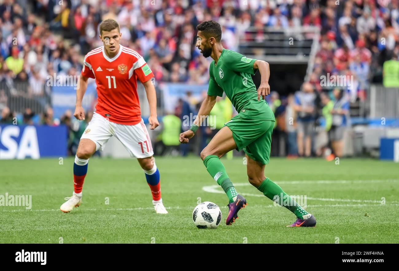 Moscow, Russia – June 14, 2018. Saudi Arabia national football team midfielder Salman Alfaraj in action during opening match of FIFA World Cup 2018 Ru Stock Photo