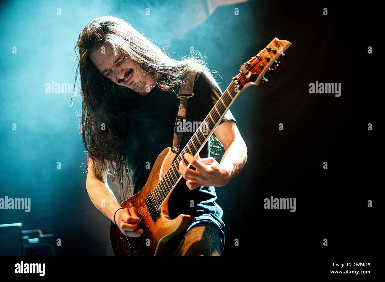 Copenhagen, Denmark. 27th Jan, 2024. The American heavy metal band Aether Realm performs a live concert at Amager Bio in Copenhagen. Here guitarist Heinrich Yoshio is seen live on stage. (Photo Credit: Gonzales Photo/Alamy Live News Stock Photo