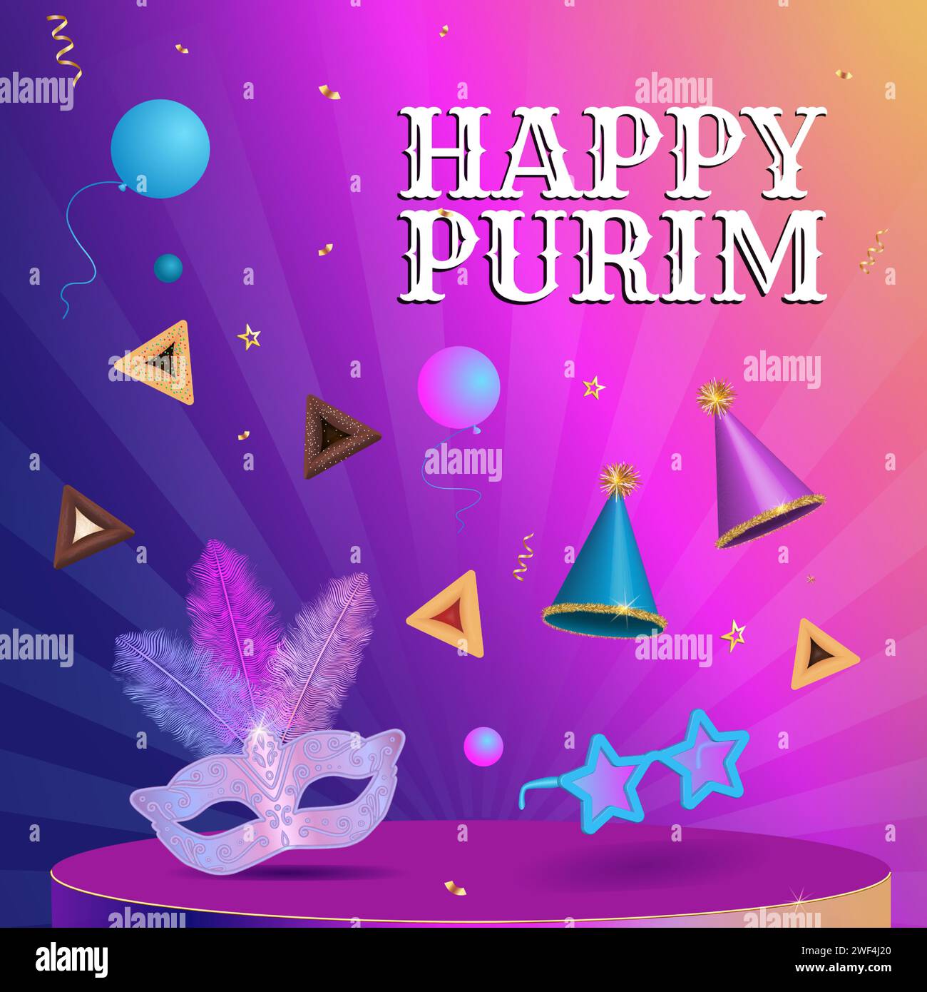 Happy Purim, Jewish holiday Masquerade Carnival masks with feathers