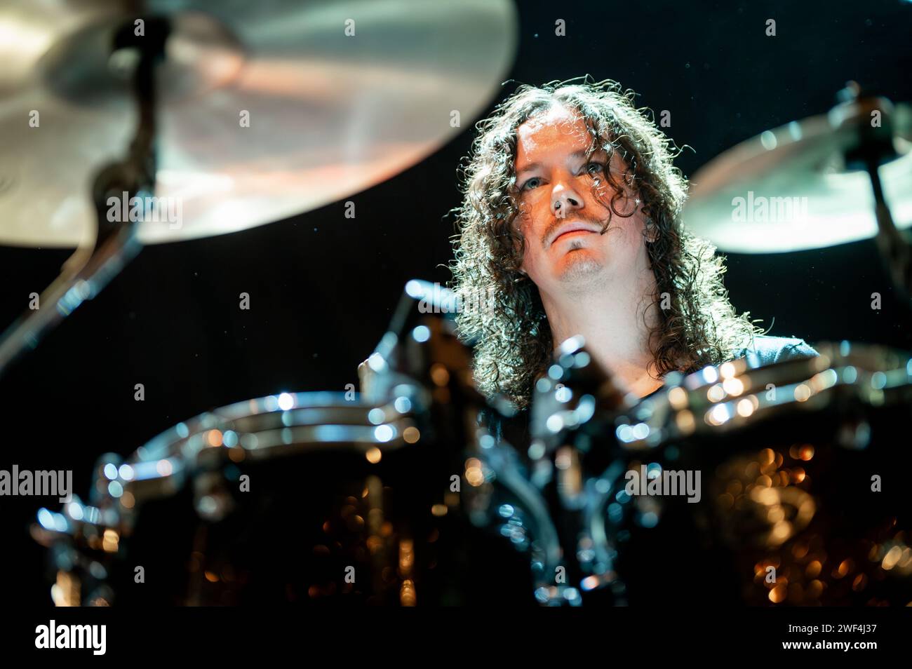 Copenhagen, Denmark. 27th Jan, 2024. The American heavy metal band Aether Realm performs a live concert at Amager Bio in Copenhagen. Here drummer Tyler Gresham is seen live on stage. (Photo Credit: Gonzales Photo/Alamy Live News Stock Photo
