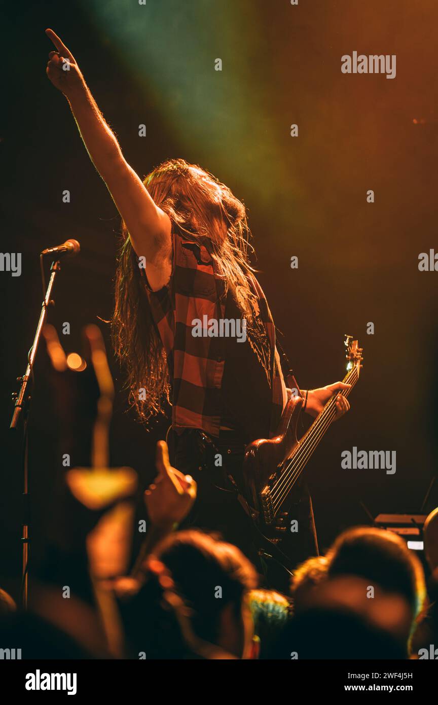Copenhagen, Denmark. 27th Jan, 2024. The American heavy metal band Aether Realm performs a live concert at Amager Bio in Copenhagen. Here vocalist and bass player Vincent Jones is seen live on stage. (Photo Credit: Gonzales Photo/Alamy Live News Stock Photo