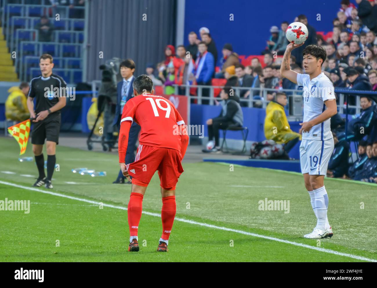 Moscow, Russia – October 7, 2017. South Korea centre-back Kim Young-Gwon throwing-in during international friendly match Russia vs South Korea (4-2). Stock Photo