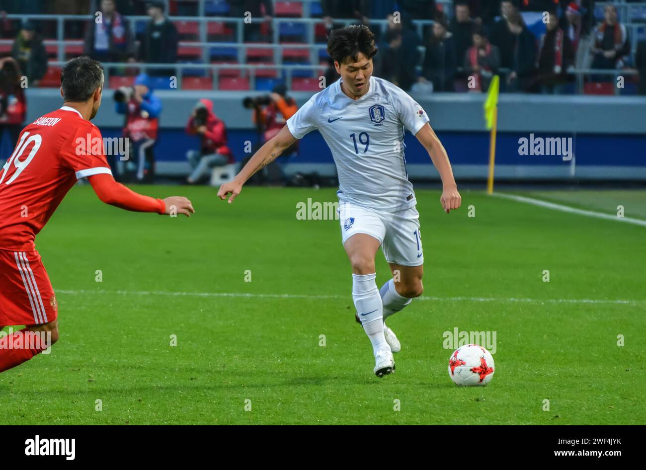 Moscow, Russia – October 7, 2017. South Korea centre-back Kim Young-Gwon in action during international friendly match Russia vs South Korea (4-2). Stock Photo