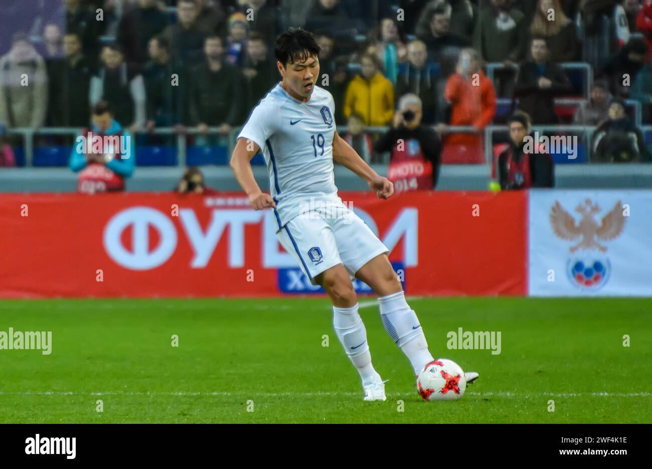 Moscow, Russia – October 7, 2017. South Korea centre-back Kim Young-Gwon in action during international friendly match Russia vs South Korea (4-2). Stock Photo