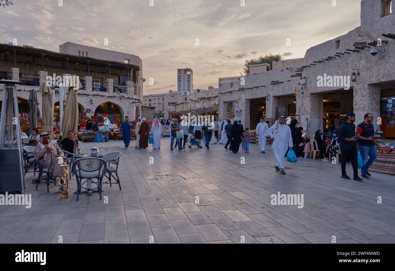 Souq Waqif in Doha, Qatar main street at sunset during 2023 AFC Asian