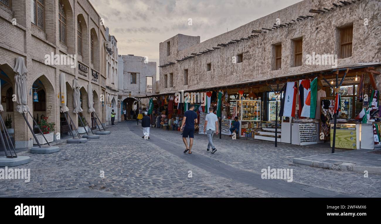 Souq Waqif in Doha, Qatar main street at sunset during 2023 AFC Asian