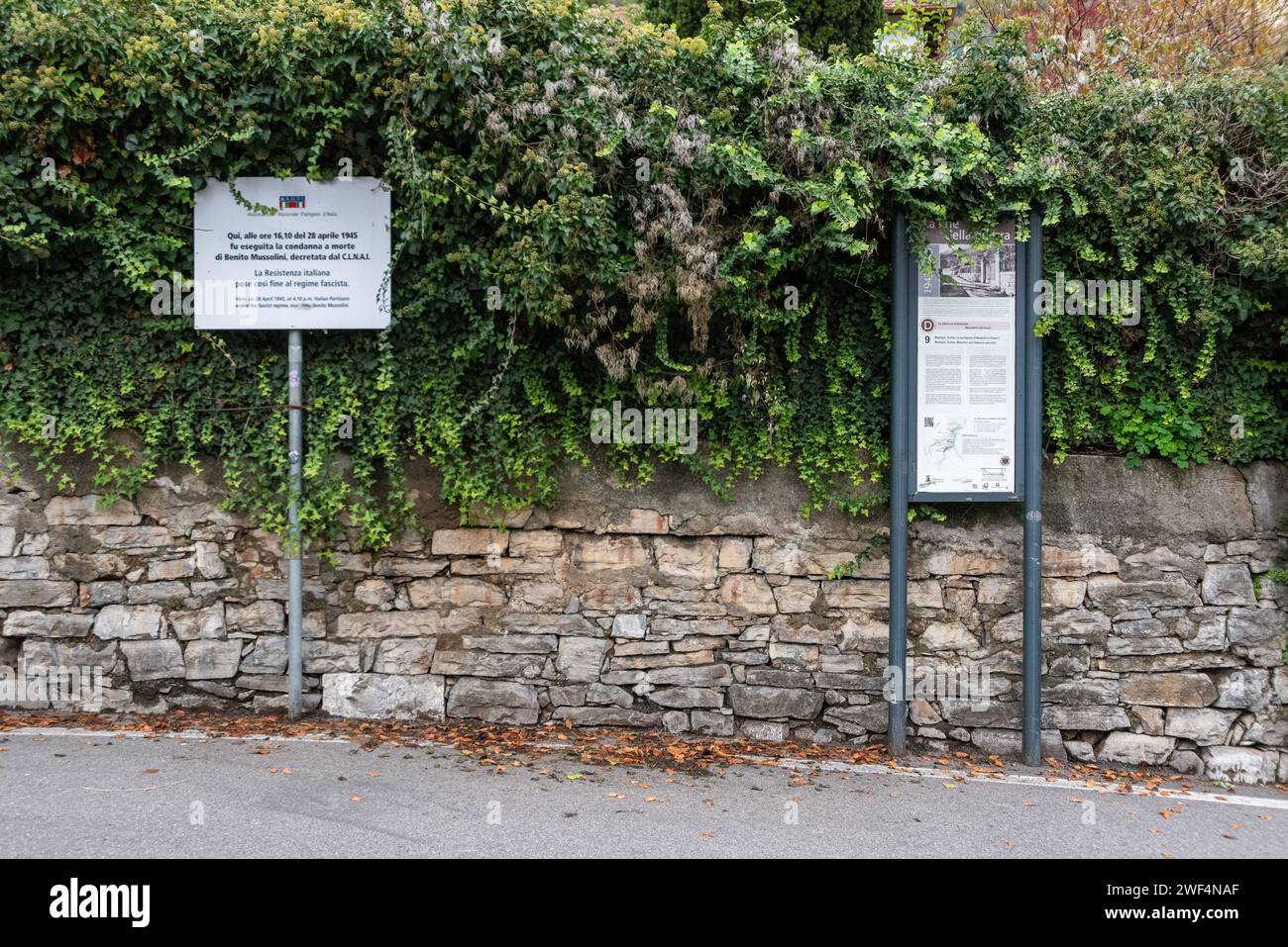 Musso Italy. Sign TREMEZZO, ITALY - OCTOBER 05, 2023 - Information board at the place of ...