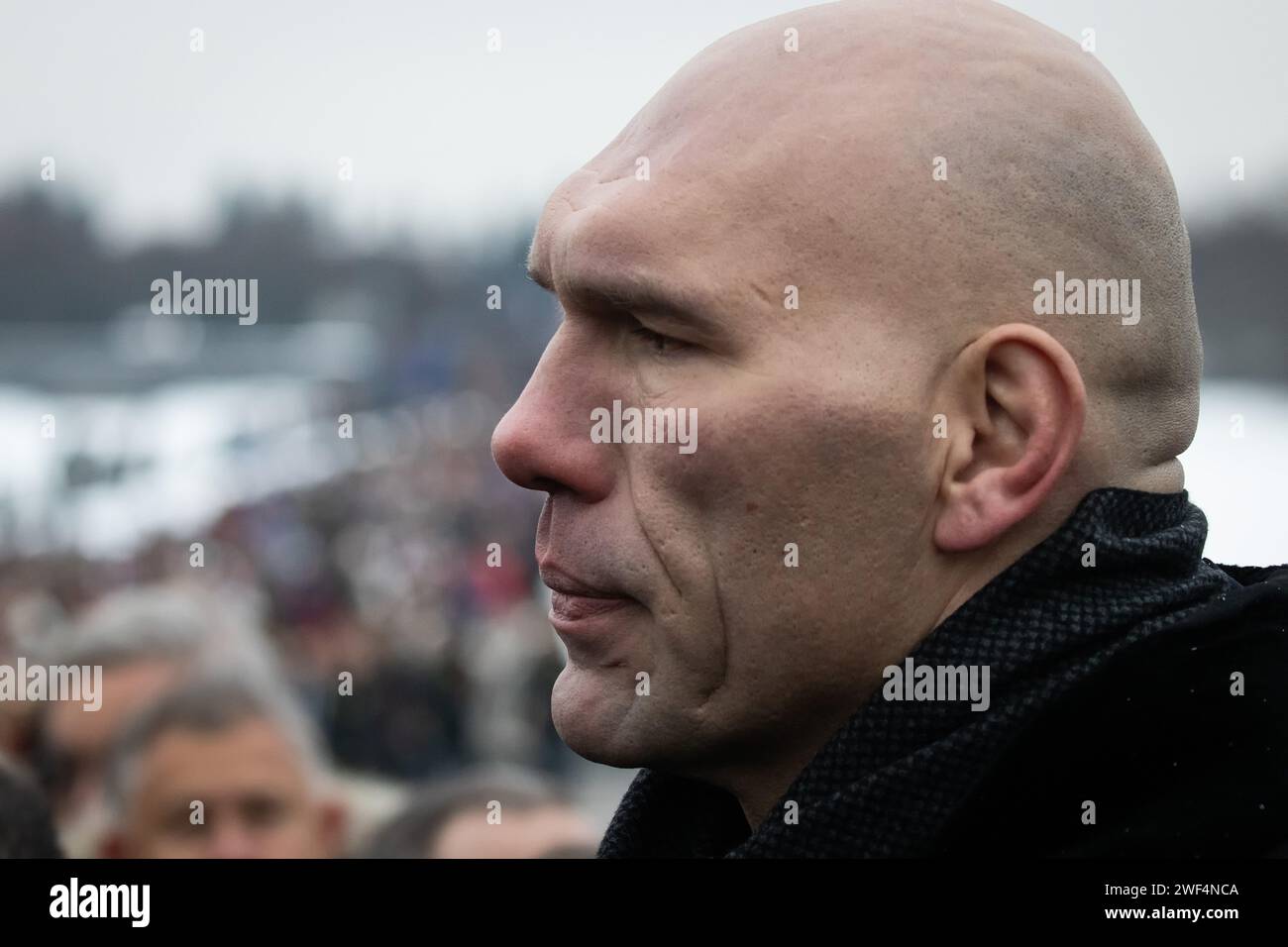 St. Petersburg, Russia. 27th Jan, 2024. First Deputy Chairman of the Russian State Duma Committee of Tourism and Tourist Infrastructure Development Nikolai Valuev seen during the solemn funeral ceremony of laying wreaths and flowers at the Motherland monument at the Piskarevskoye Memorial Cemetery. St. Petersburg celebrates an important historical date, 80 years since the complete liberation of Leningrad from the fascist blockade. (Photo by Artem Priakhin/SOPA Images/Sipa USA) Credit: Sipa USA/Alamy Live News Stock Photo