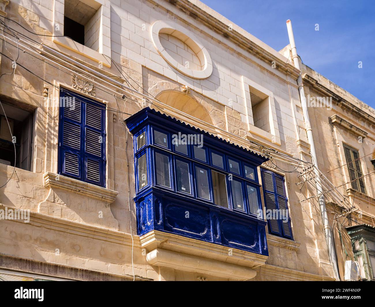 Gallarija, closed balconies, typical of Malta, blue in colour Stock Photo