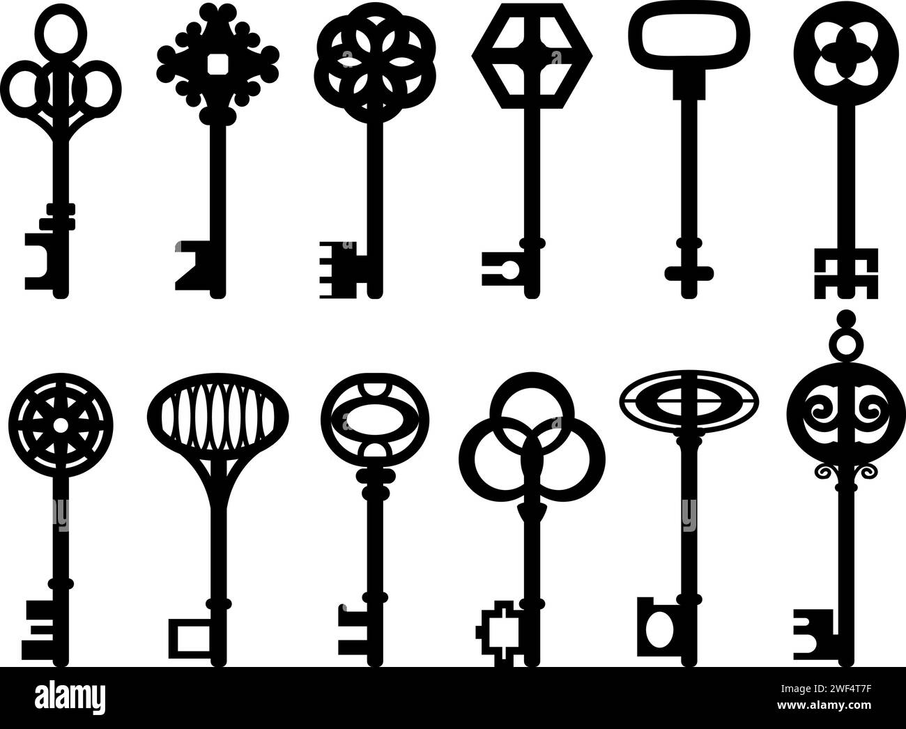 Decorative Ornate Vintage Key Silhouette, Medieval Abstract Key Elements Stock Vector