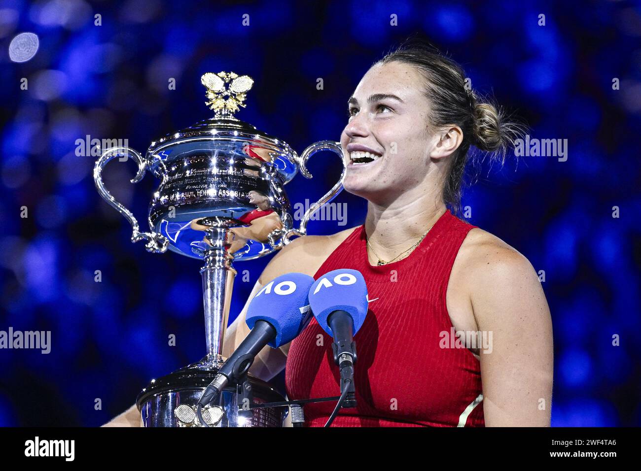 Aryna Sabalenka with the trophy during the Australian Open AO 2024