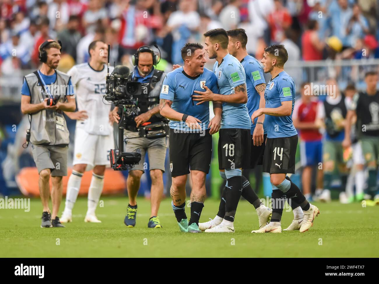 Samara, Russia – June 25, 2018. Players of Uruguay national football team celebrating victory in FIFA World Cup 2018 match Uruguay vs Russia (3-0). Stock Photo