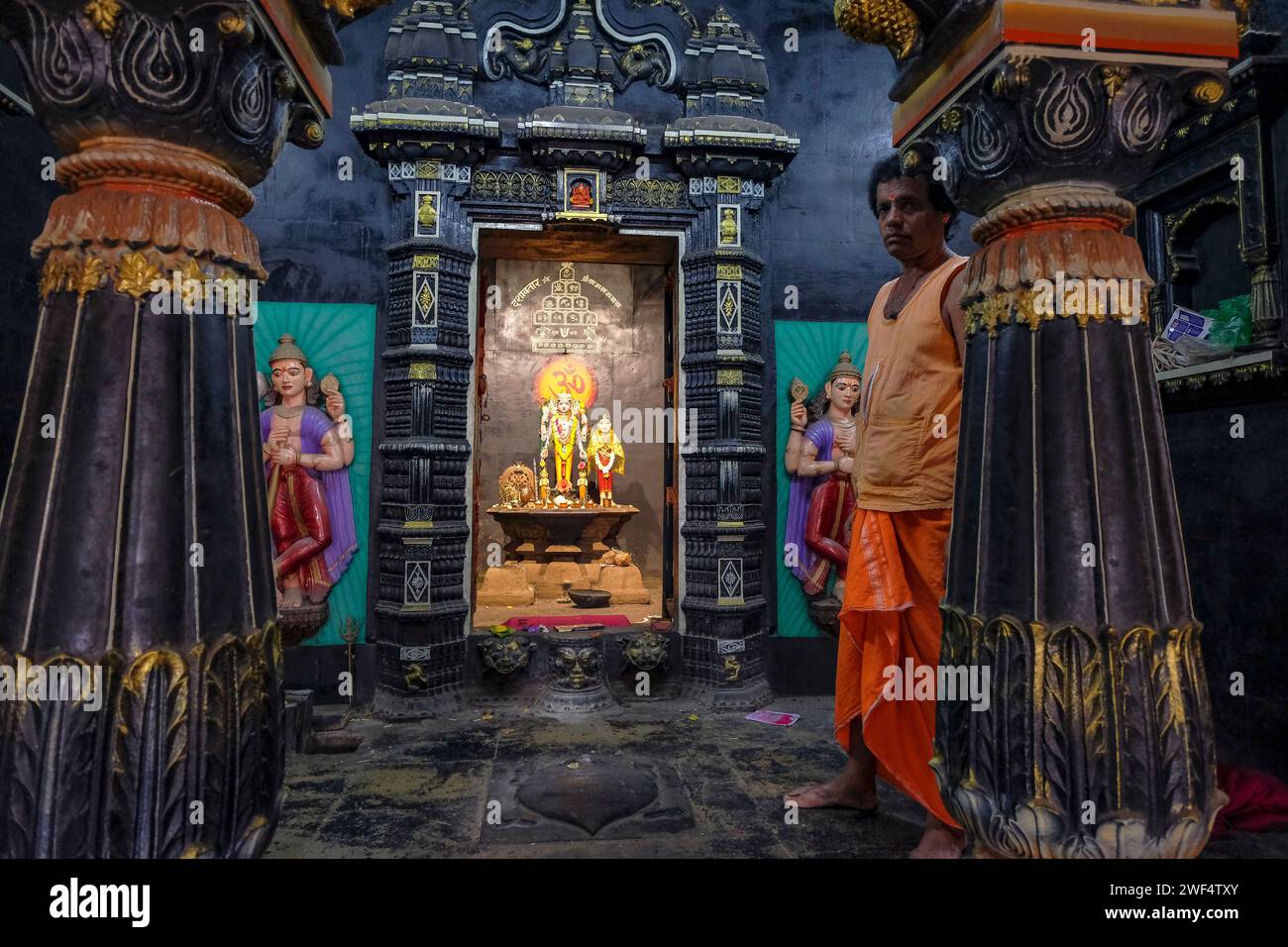 Pune, India - January 27, 2024: A Hindu monk at the Vishnu Temple in Pune, India. Stock Photo