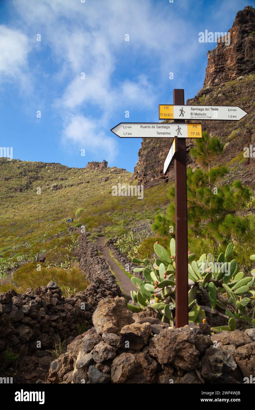 A wooden walking signpost pointing to El Molledo and Puerto de Santiago, Tenerife, Spain Stock Photo