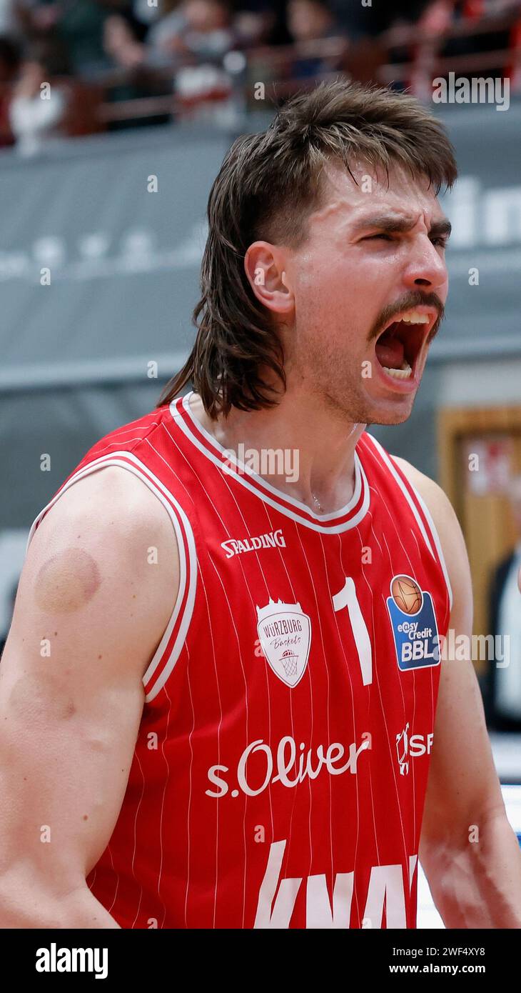 Zachary Seljaas (Wuerzburg Baskets, 1) jubelt nach dem Sieg gegen Alba, 28.01.2024, Basketball, BBL, Wuerzburg Baskets - Alba Berlin, GER, Wuerzburg, tectake Arena. Stock Photo