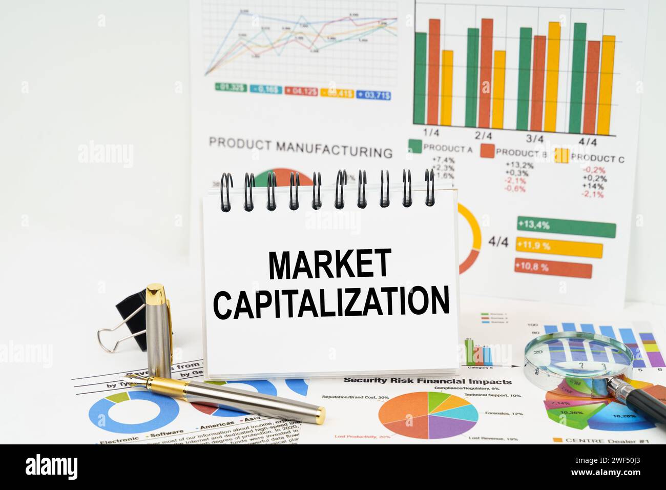 Business concept. On the table are reports with graphs and a notepad with the inscription - Market capitalization Stock Photo