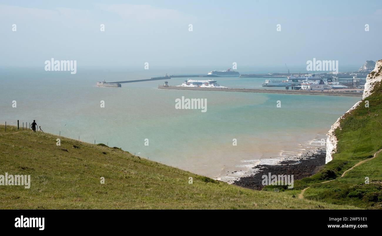 Dover port harbour from white cliffs Stock Photo