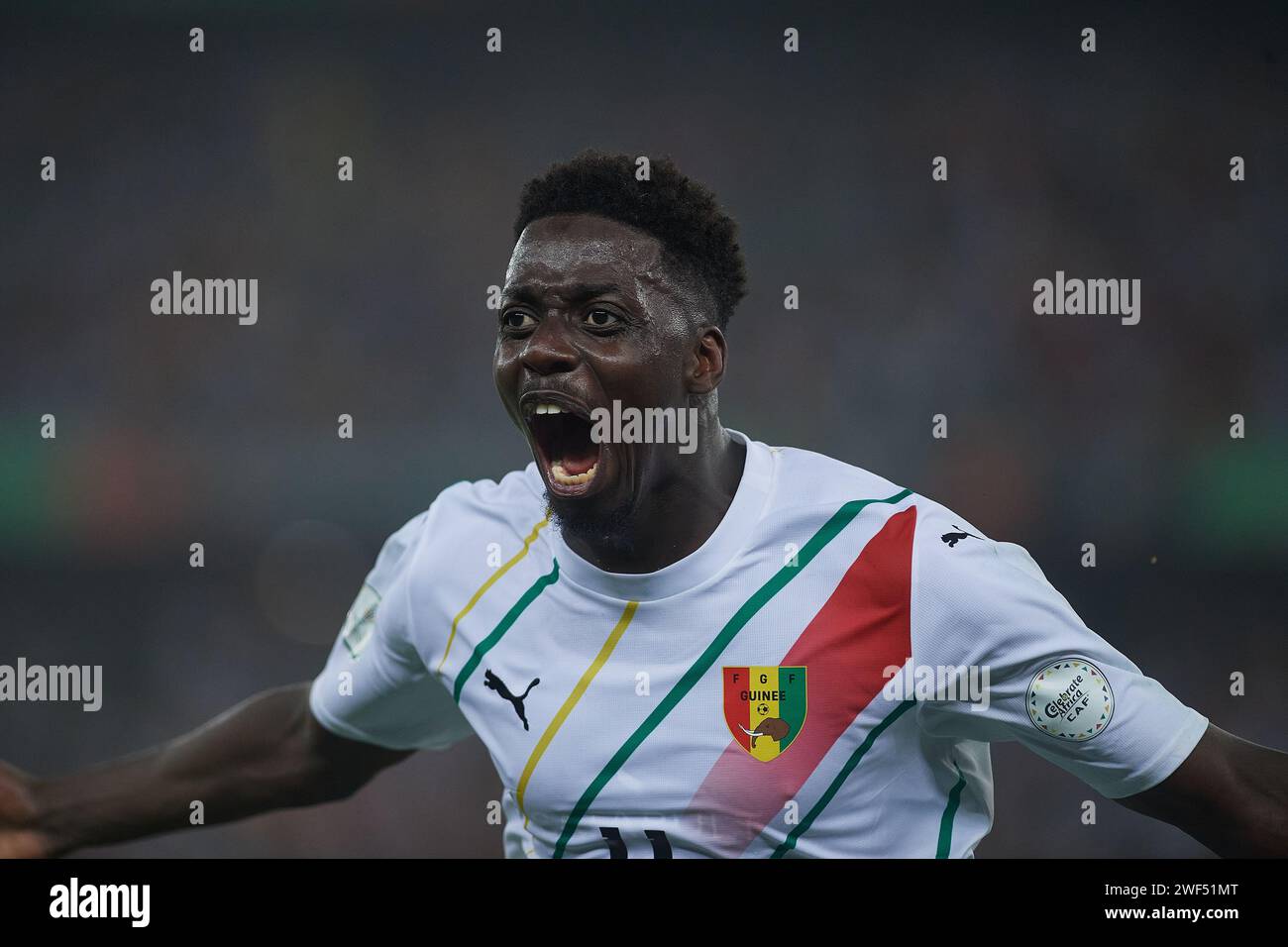 Abidjan, Ivory Coast. January 27, 2024. Round of 16. Mohamed Bayo celebrating his goal sending his team to the quarter-finals of the 2023 AFCON Credit: Ralph KAKOU/Alamy Live News Stock Photo