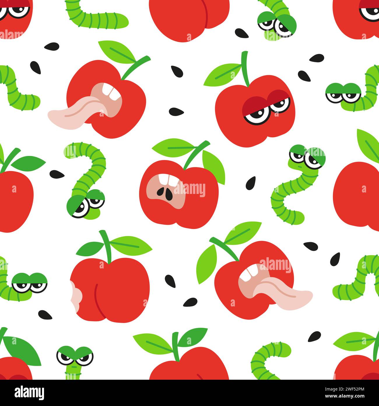 Vector hand drawn seamless pattern. Red crazy apples and caterpillar on white background Stock Vector