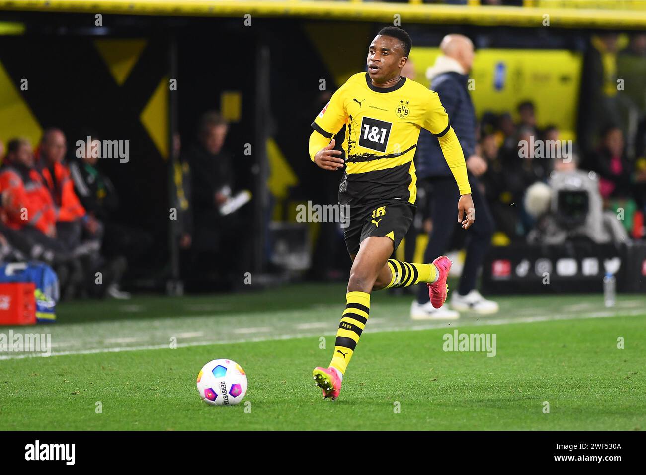 DORTMUND, GERMANY - 28 JANUARY, 2024: Youssoufa Moukoko, The football match of Bundesliga Borussia Dortmund vs Bochum at Signal Iduna Park Stock Photo