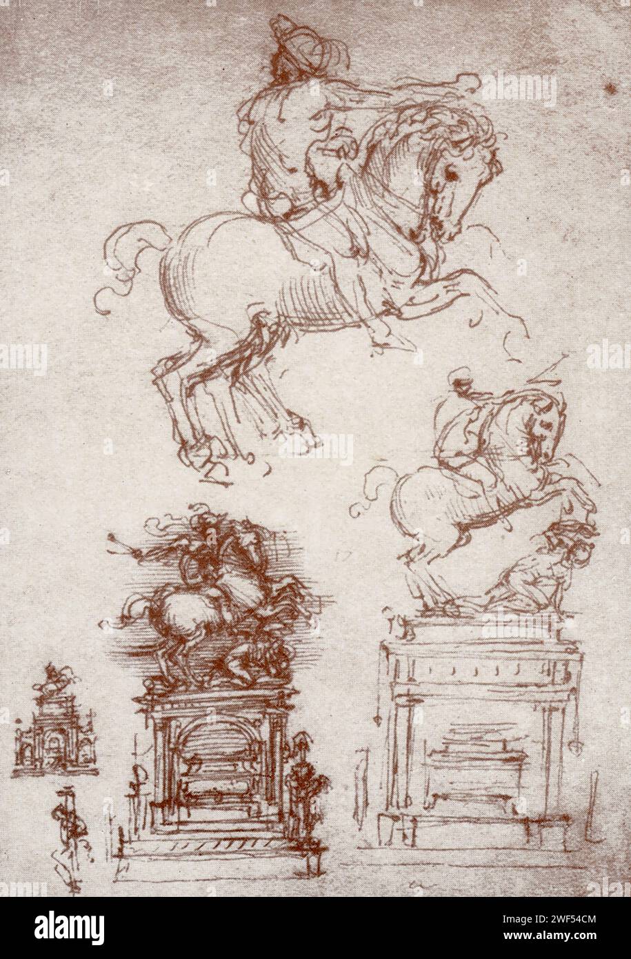 These hand drawings of Leonardo da Vinci show drafts for a knight monument. Leonardo received the order twice to carry out such an assignment, first from Ludovico il Moro for Francesco Sforza and second for Ludwig XII for Marshall Trivulzio. Leonardo di ser Piero da Vinci (1452-1519) was an Italian polymath of the High Renaissance who was active as a painter, draughtsman, engineer, scientist, theorist, sculptor, and architect. Stock Photo