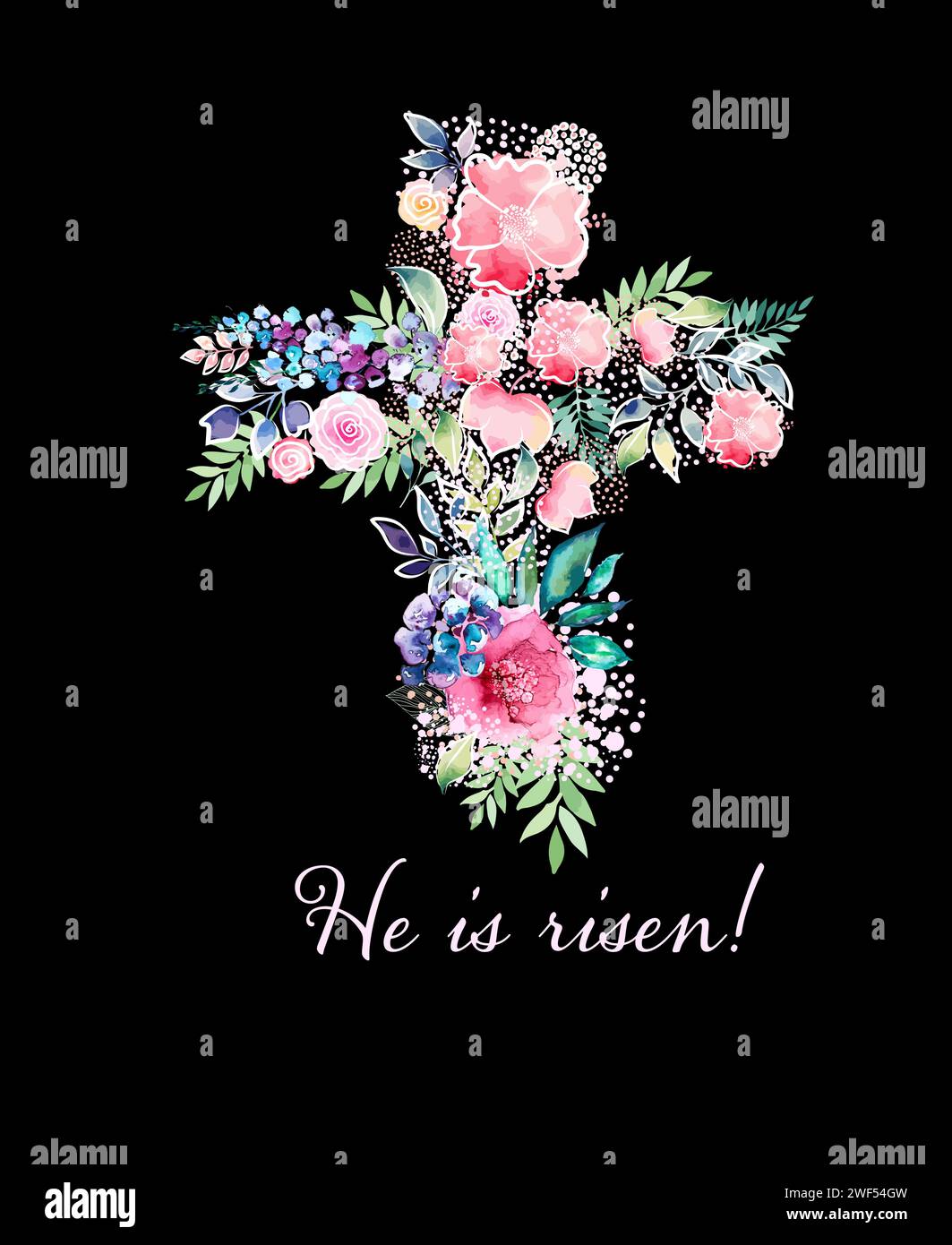 Cross of flowers on a black background. He has risen. hand drawing ...
