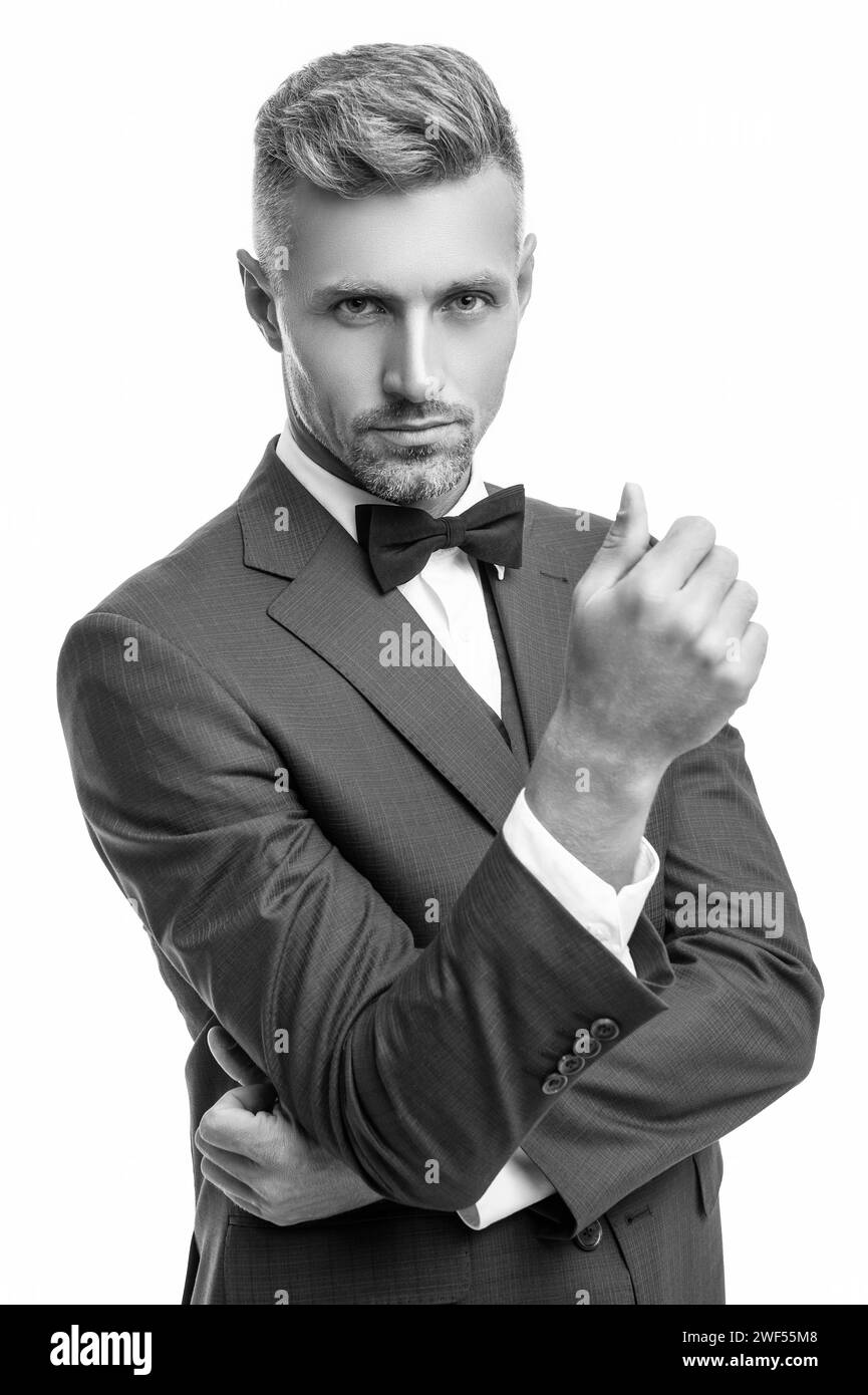 caucasian formal man in blue tuxedo bowtie isolated on white background Stock Photo Alamy