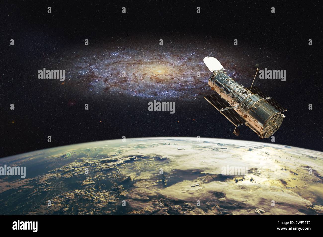 The Hubble space telescope on orbit of Earth planet. Space observatory research. Elements of this image furnished by NASA. Stock Photo
