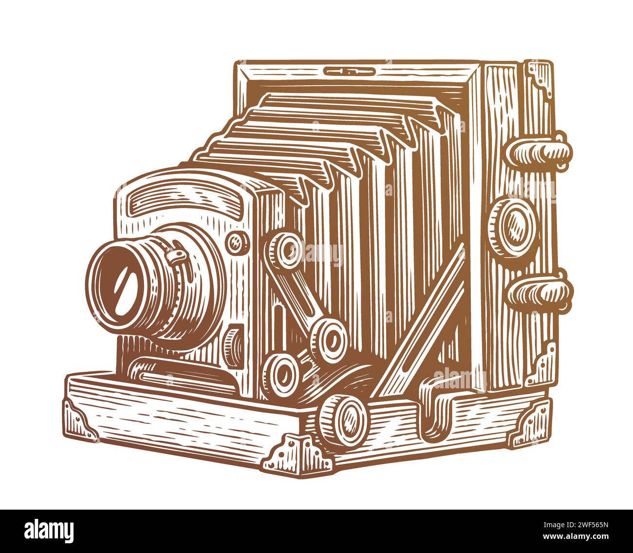 Old vintage camera with bellows. Retro wooden photo camera. Sketch vector illustration Stock Vector