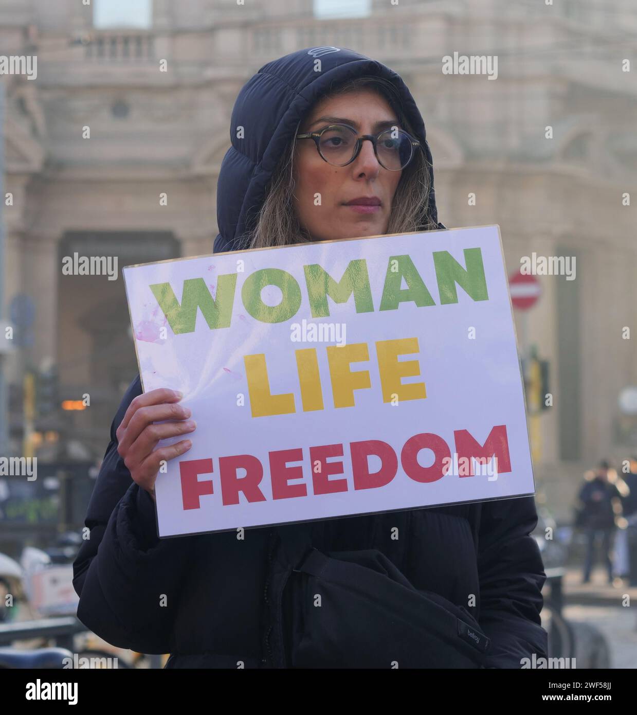 Milan, . 28th Jan, 2024. Protest by the Iranian people against the continuous violence and discrimination suffered by women in their country and against the regime of Ali Khamenei Credit: Independent Photo Agency/Alamy Live News Stock Photo