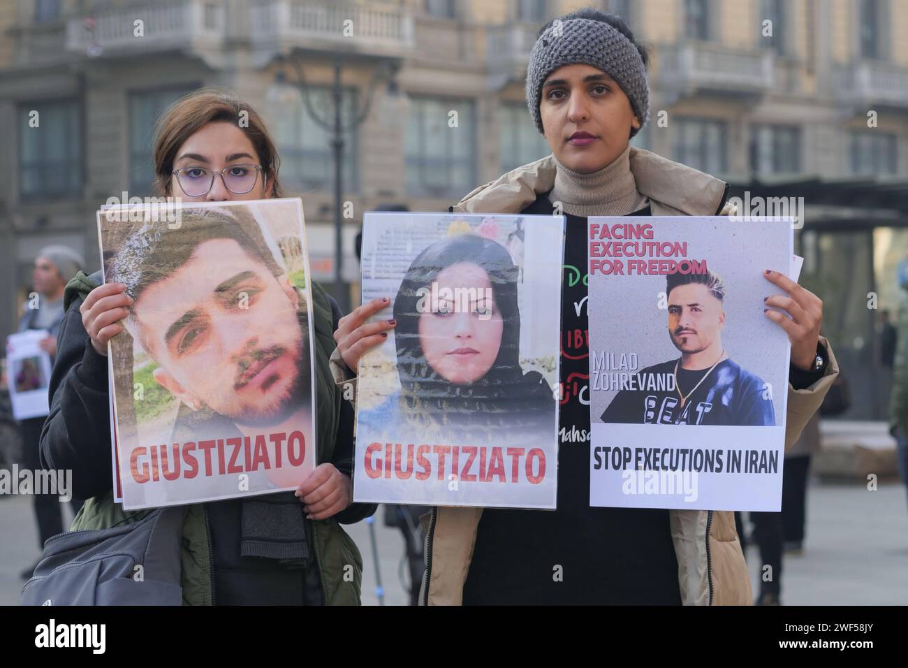 Milan, . 28th Jan, 2024. Protest by the Iranian people against the continuous violence and discrimination suffered by women in their country and against the regime of Ali Khamenei Credit: Independent Photo Agency/Alamy Live News Stock Photo