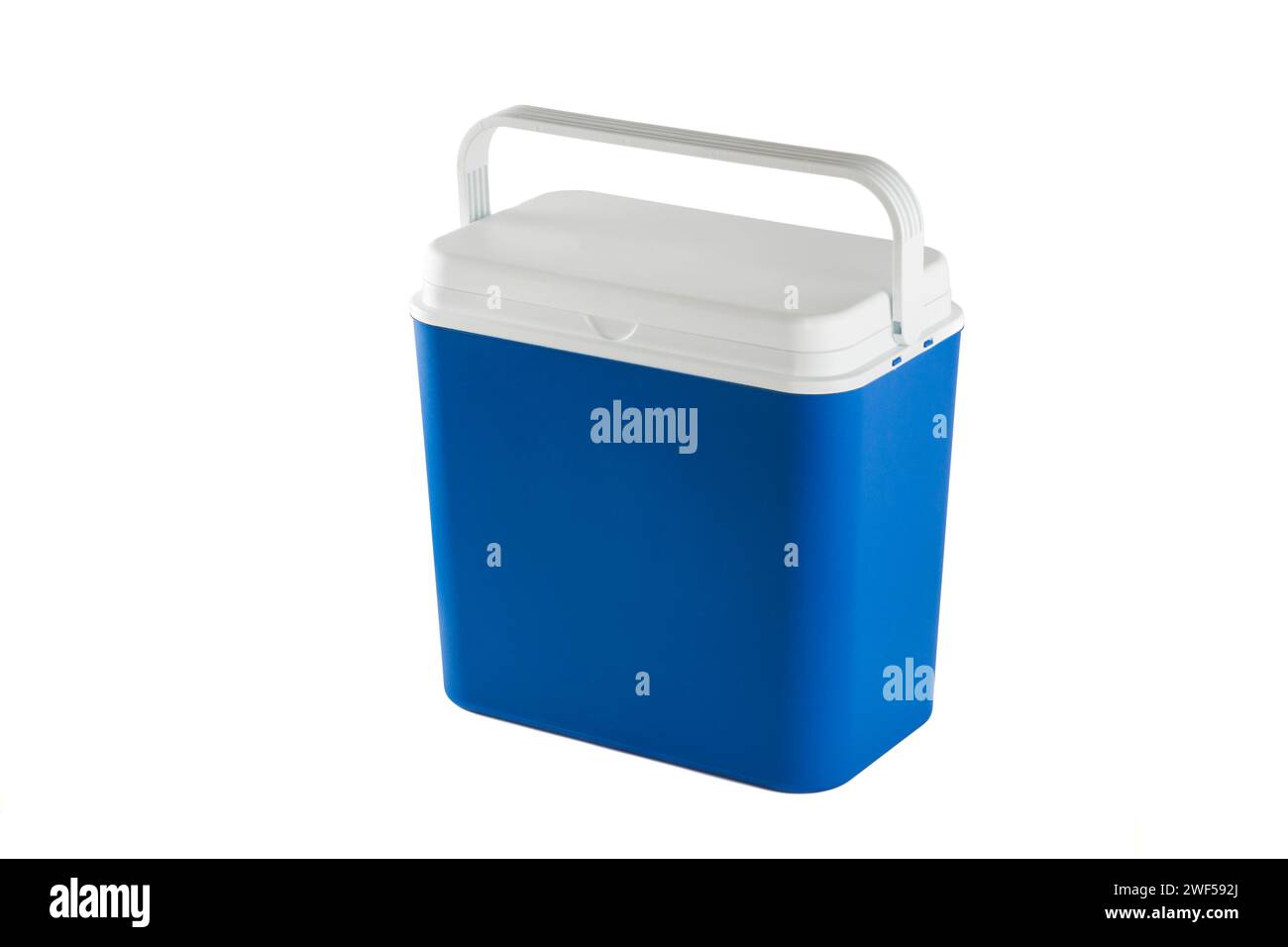 Closed blue plastic cooler isolated on white background Stock Photo
