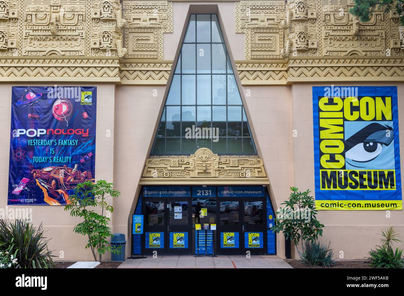 Comic Con Museum Building Facade Entrance with Pop Culture Information Wall Posters in San Diego, California World Famous Balboa Park Stock Photo