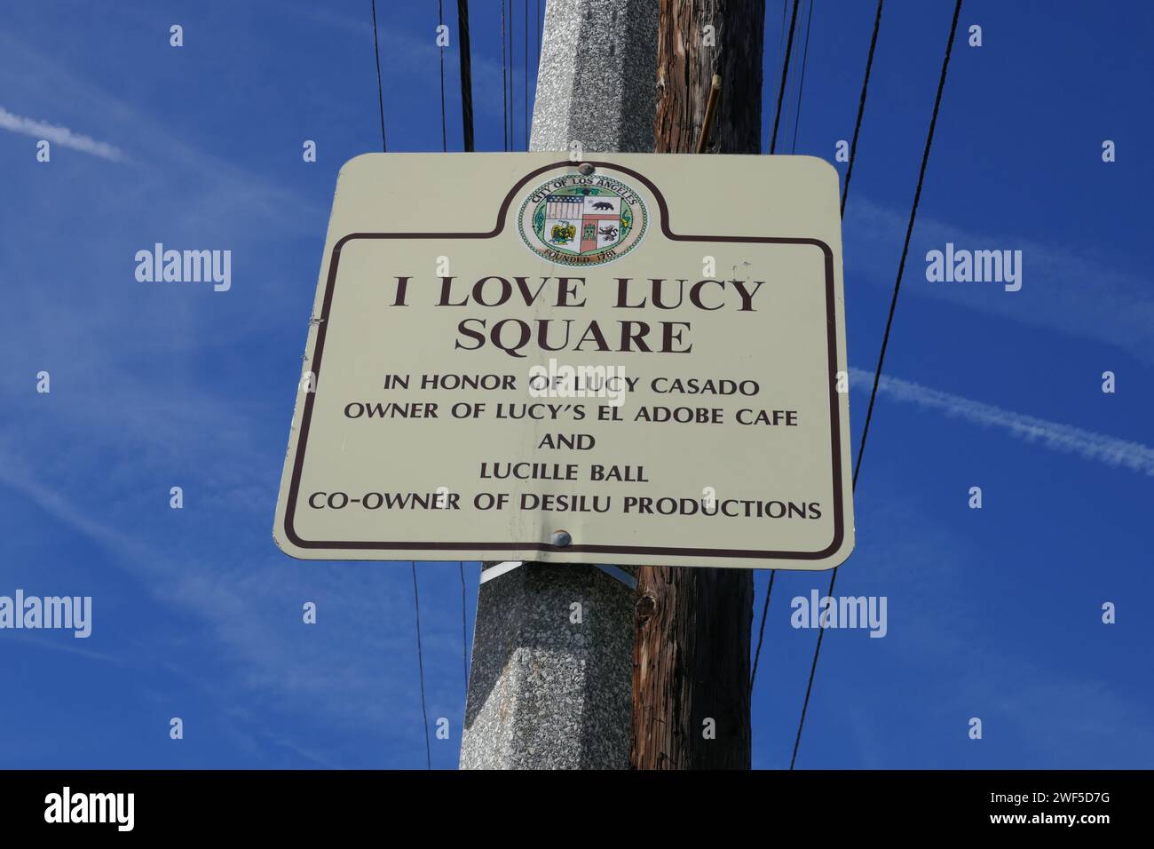 Los Angeles, California, USA 27th January 2024 I Love Lucy Square Sign, in Honor of Lucy Casado, Owner of LucyÕs El Adobe Cafe and Lucille Ball, Co-owner of Desilu Productions and Star of I Love Lucy Sitcom on Melrose Avenue on January 27, 2024 in Los Angeles, California, USA. Photo by Barry King/Alamy Stock Photo Stock Photo