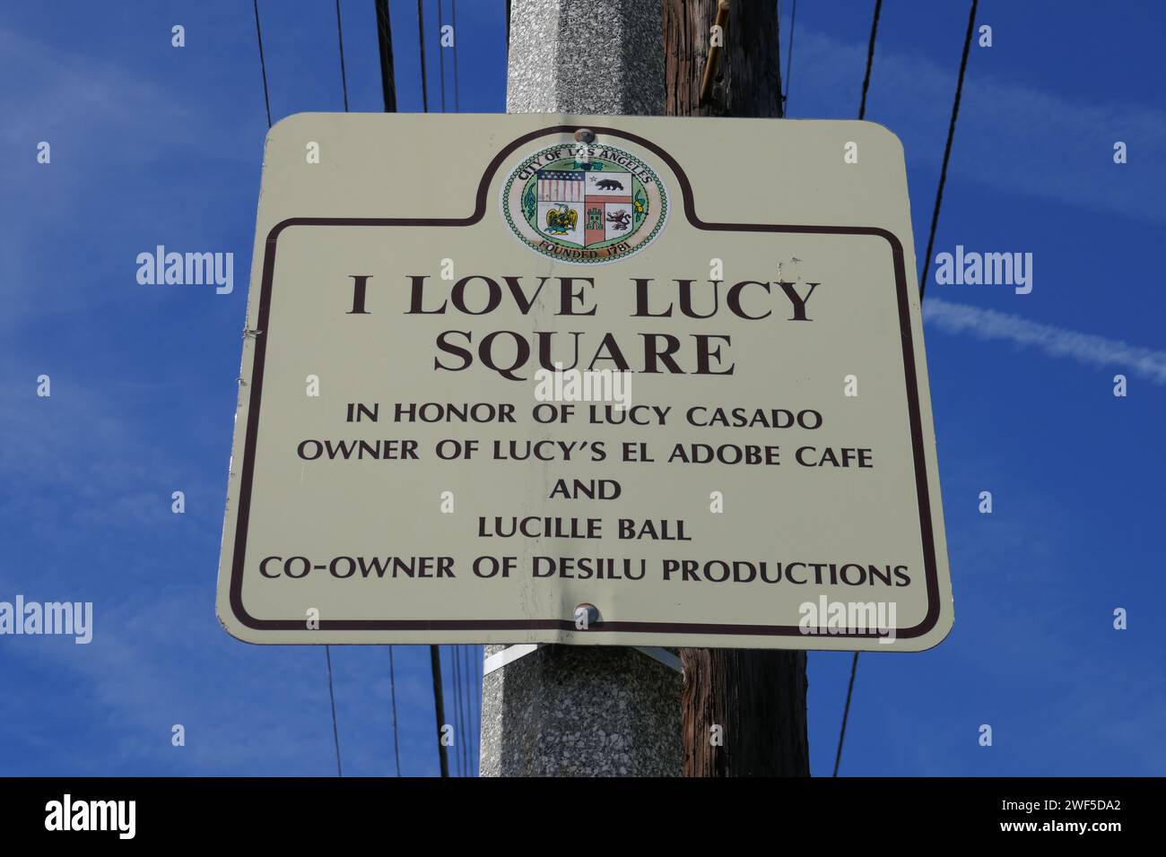 Los Angeles, California, USA 27th January 2024 I Love Lucy Square Sign, in Honor of Lucy Casado, Owner of LucyÕs El Adobe Cafe and Lucille Ball, Co-owner of Desilu Productions and Star of I Love Lucy Sitcom on Melrose Avenue on January 27, 2024 in Los Angeles, California, USA. Photo by Barry King/Alamy Stock Photo Stock Photo