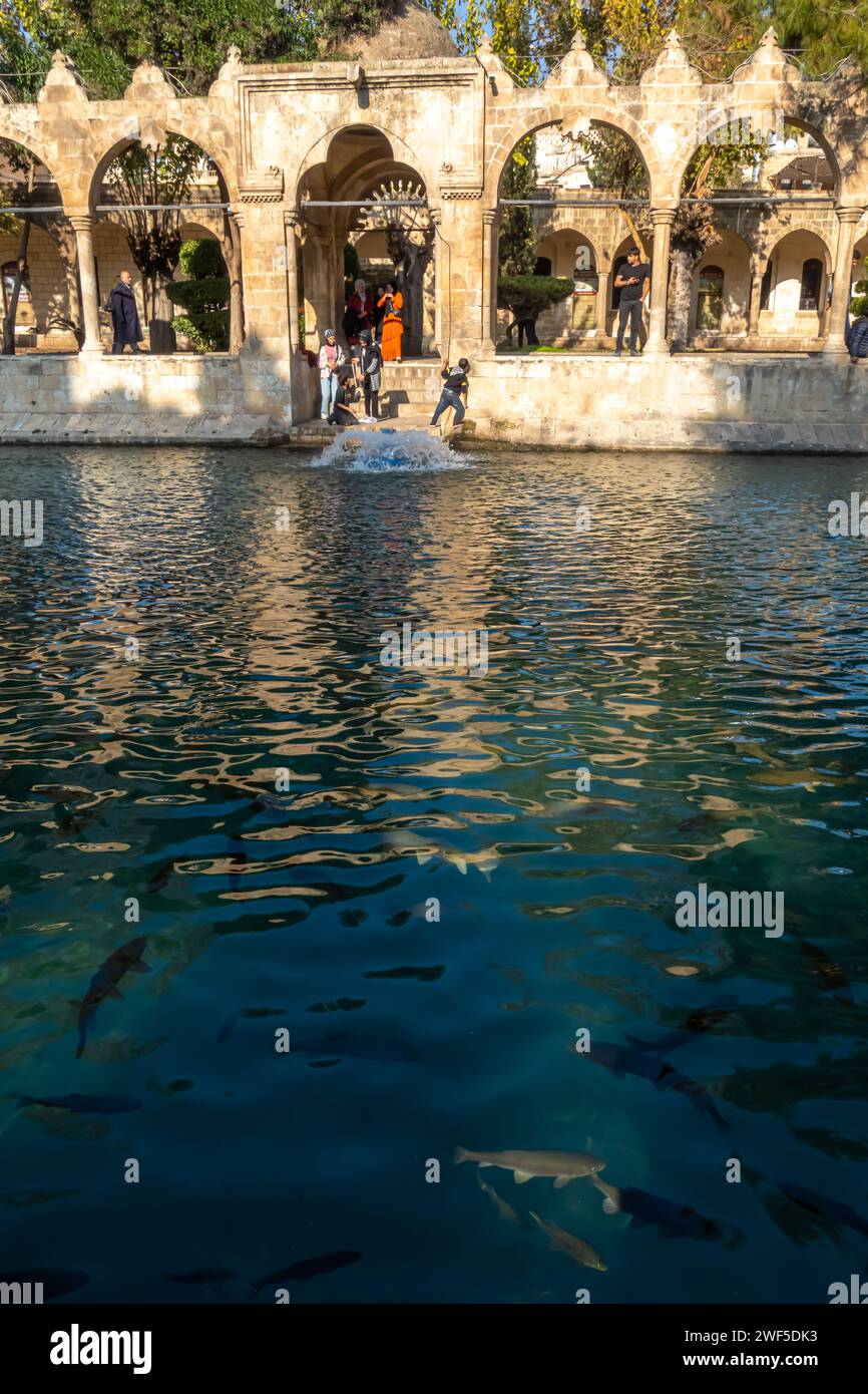 Tourists at Balıklıgöl (or Pool of Abraham, Halil-Ür Rahman Lake), is a pool in the southwest of the city center of Şanlıurfa, Turkey Stock Photo