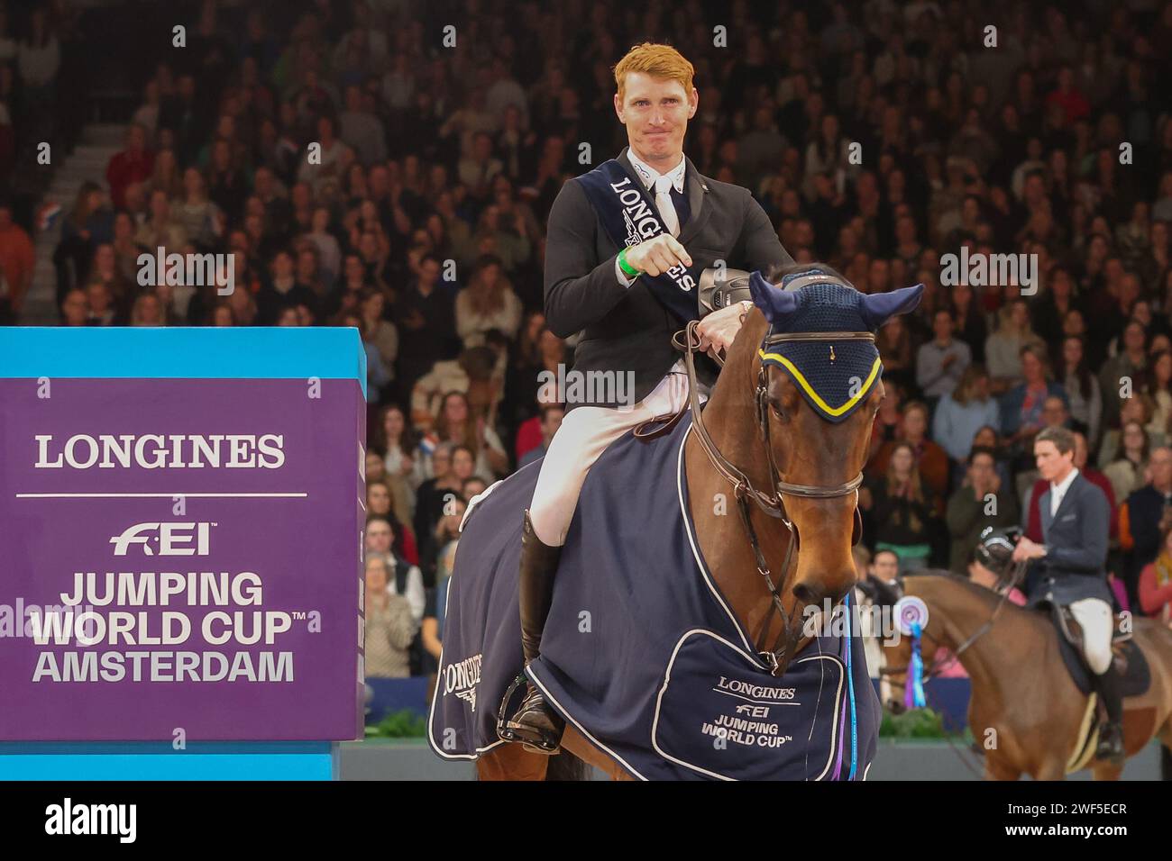 Amsterdam, Netherlands. 28th Jan, 2024. AMSTERDAM, NETHERLANDS - JANUARY 28 : Daniel Coyle (IRL) Legacy winner of Jumping Amsterdam 2024 Longines FEI Jumping World Cup Presented by Europarcs In the Amsterdam RAI. Photo by Gerard Spaans/Orange-Pictures) Credit: Orange Pics BV/Alamy Live News Stock Photo